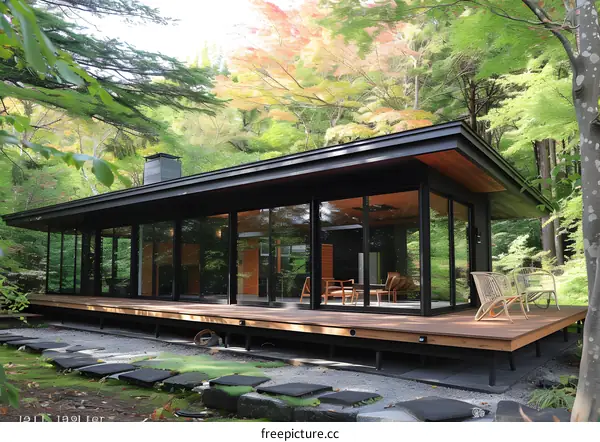 Modern Glass House Surrounded by Lush Green Forest