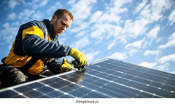 Solar Panel Installation by Caucasian Worker