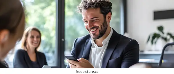 Smiling Businessman Using Smartphone in Office Meeting