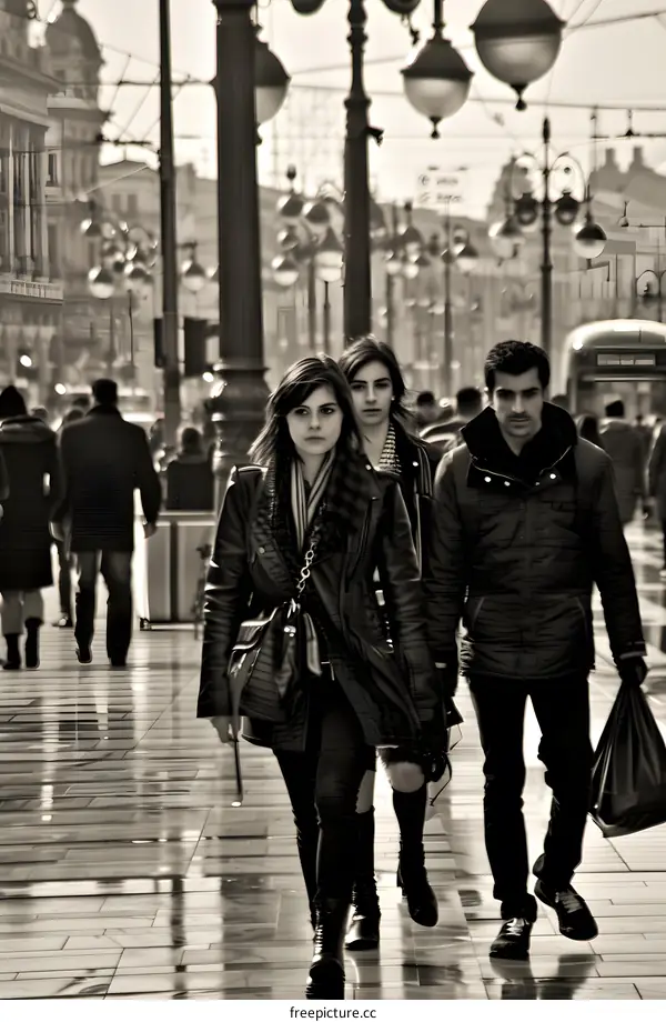 Three People Walking on a City Street