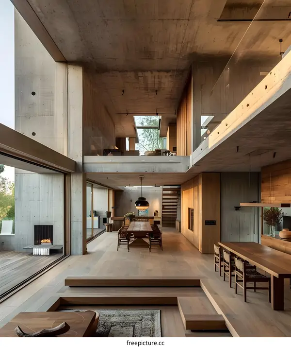 Modern Home Interior Design with Concrete and Wood Elements