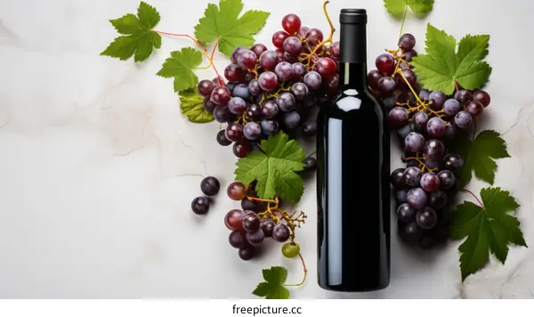 Black Wine Bottle with Grapes and Leaves on Marble