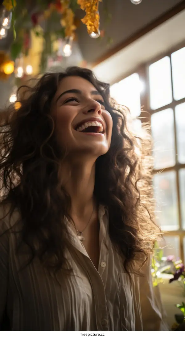 Portrait of a young woman with curly hair smiling happily
