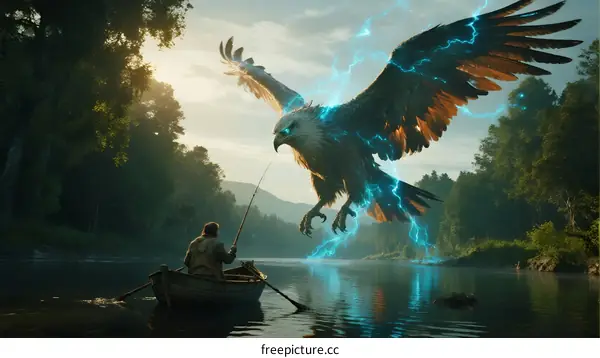 A Fisherman in a Boat Encountering a Lightning Eagle