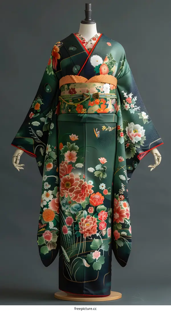 A woman wearing a green kimono with floral patterns.