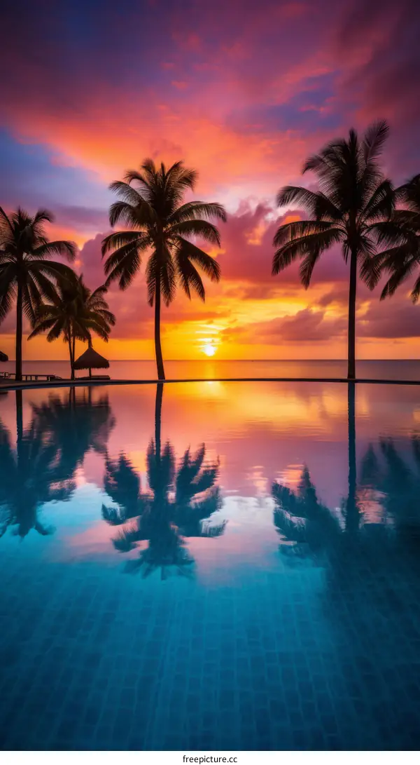 Palm trees at sunset over the ocean with a beautiful reflection in the swimming pool