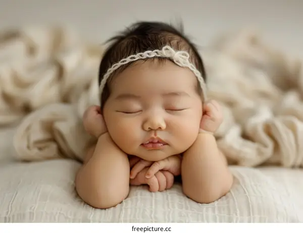 An adorable sleeping baby girl wearing a cute headband