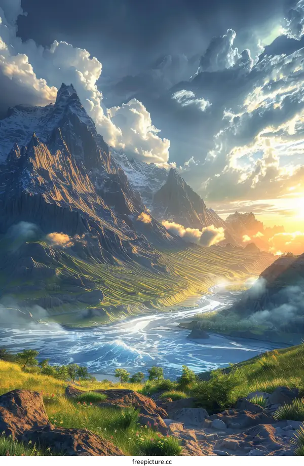 Majestic Mountain Valley Sunset Landscape Illustration