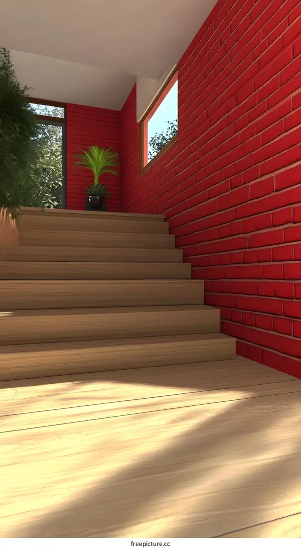 Wooden Stairs Against a Brick Wall in a Modern Home