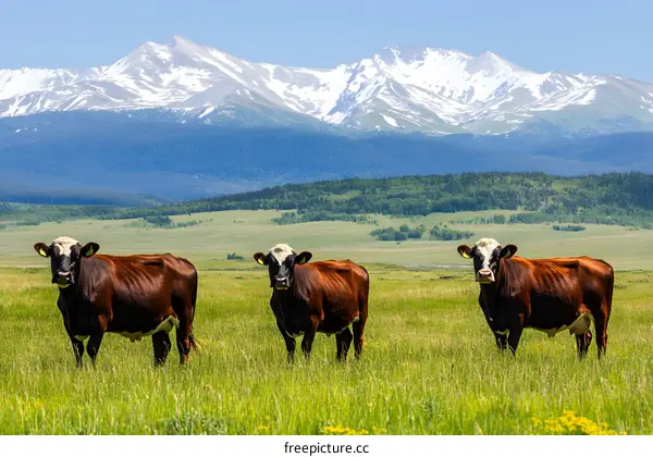 Three Brown Cows in Field with Mountain View