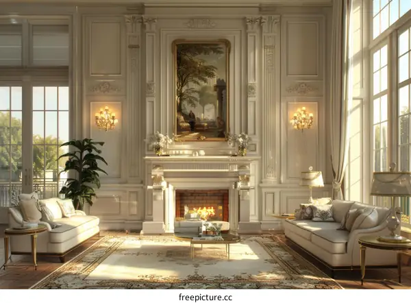 Luxury Living Room Interior Design with Fireplace and Large Windows