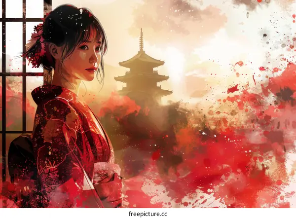 Portrait of a Japanese woman in traditional clothing standing in front of a temple with red and orange background