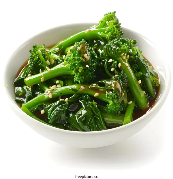 A bowl of Chinese broccoli with sesame seeds.