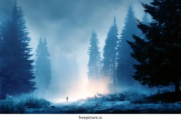 Winter Foggy Forest Path with a Solitary Figure