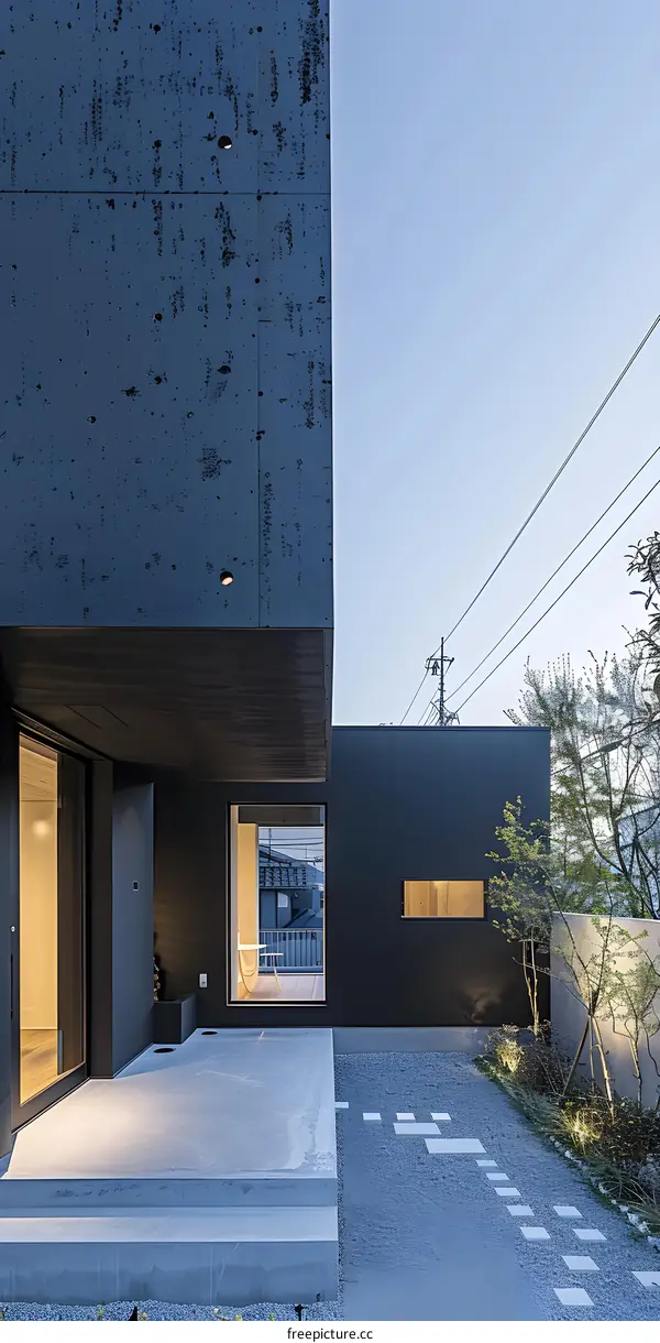 Modern Minimalist Home Exterior with Stone Pathway and Minimalist Landscaping