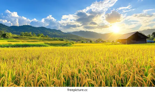 Golden Rice Fields Under a Dramatic Sunset