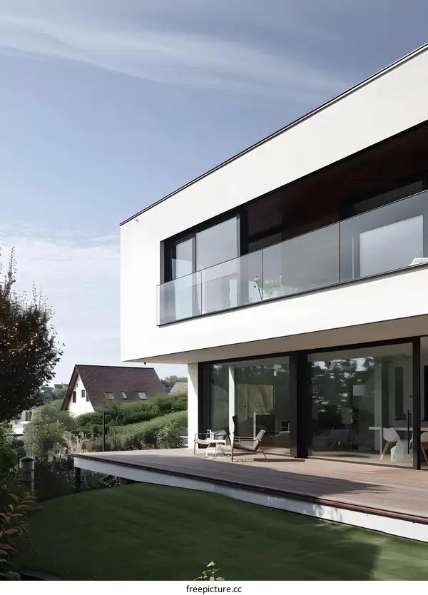 Modern House with Glass Balcony and Deck