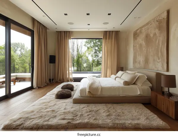 Modern bedroom with a large window and a fur rug