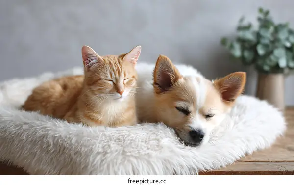 Two Adorable Pets Sleeping Together on a Fluffy Blanket