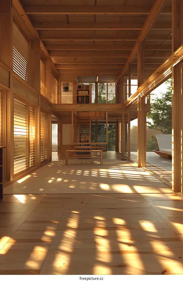 Wooden house interior with large glass windows and wooden floors