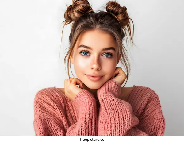 portrait of a beautiful young woman with freckles and blue eyes
