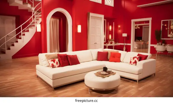 Red living room interior with white sectional sofa and staircase