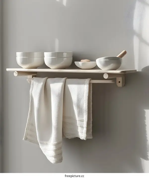 Wooden Shelf With Towel And Bowls