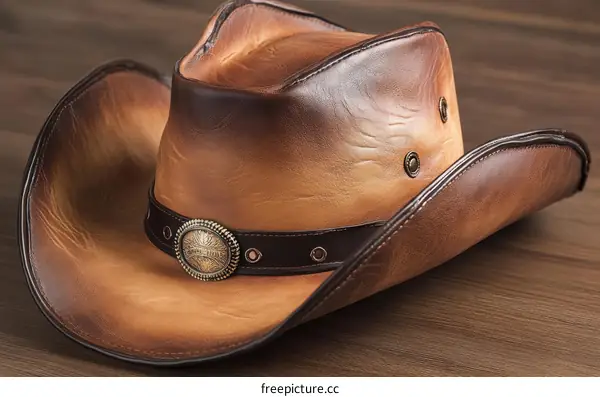 Brown Leather Cowboy Hat on Wooden Table