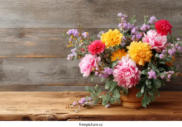 Colorful Flower Arrangement on Wooden Table