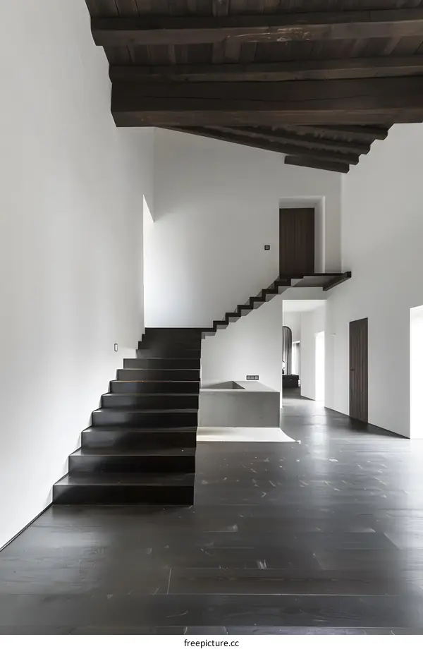 Modern Minimalist Interior Design With Black Wooden Staircase and Wooden Beams