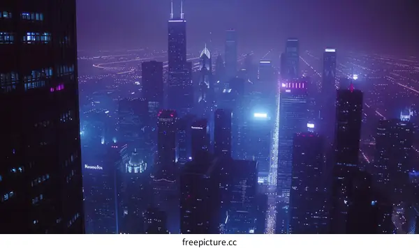 Cityscape at Night with Purple Sky and Fog