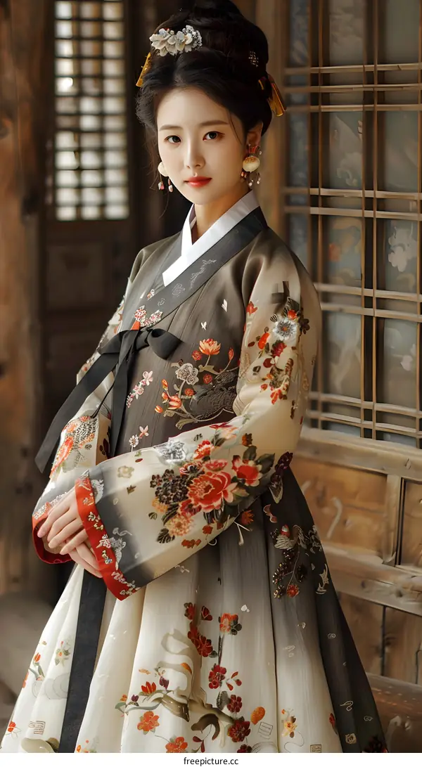 A young woman wearing a hanbok, a traditional Korean dress