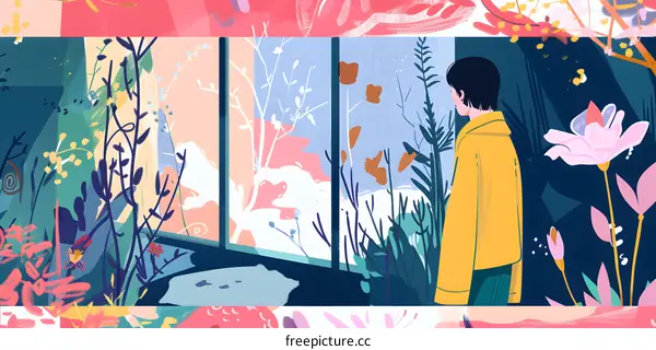 Woman Looking Out Window at Colorful Flowers