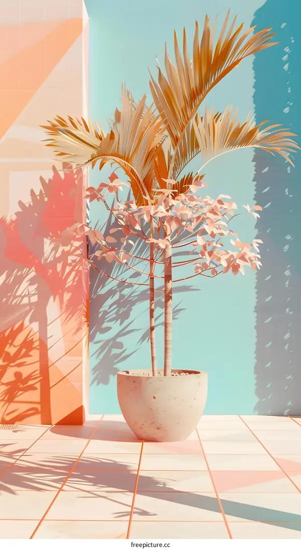 Minimalist Tropical Plant in Pot with Sunlit Shadows