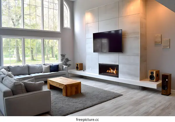 Modern Living Room with Fireplace and Large Windows