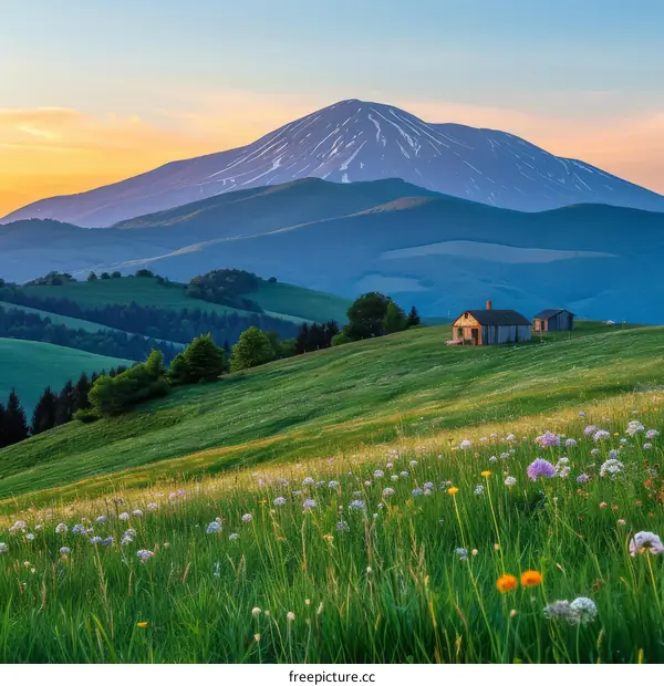 Small wooden house in the mountains at sunset