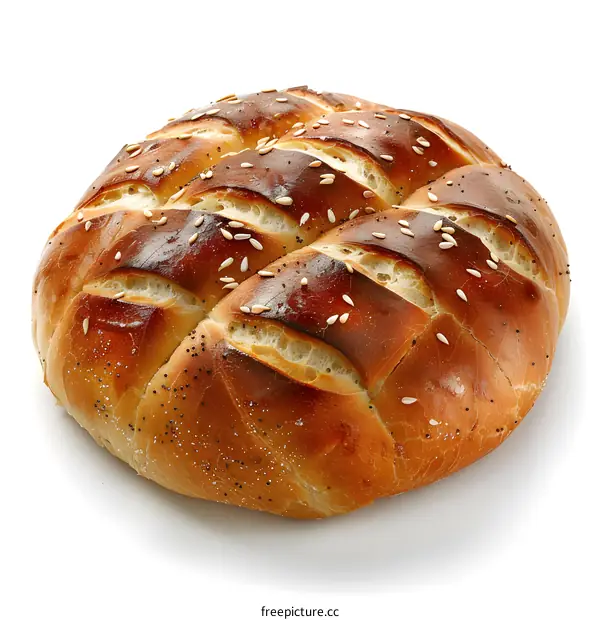 A round bread sprinkled with poppy seeds