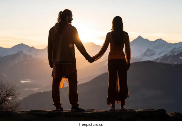 A couple is watching the sunset over the mountains.
