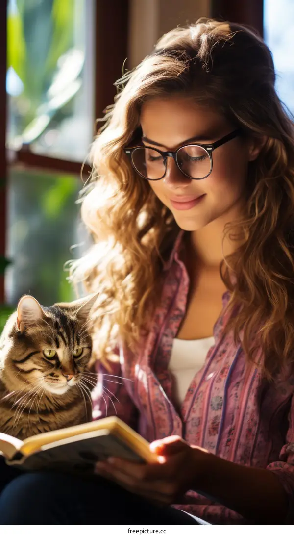 Blond woman wearing glasses reading a book with a cat