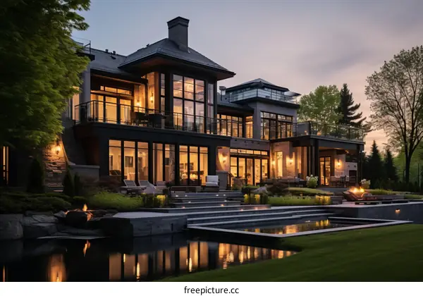 A luxurious mansion with a pool and a beautiful landscape