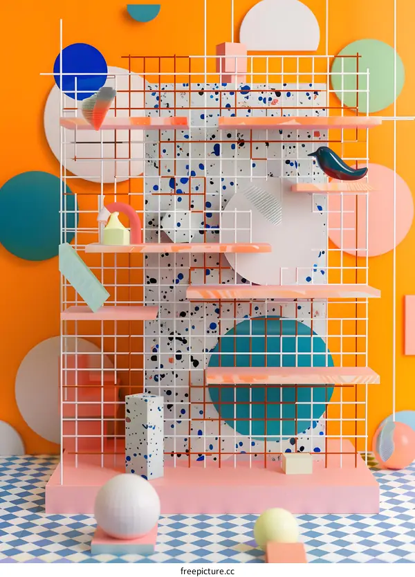 Abstract Geometric Shapes on Shelf with Orange Background