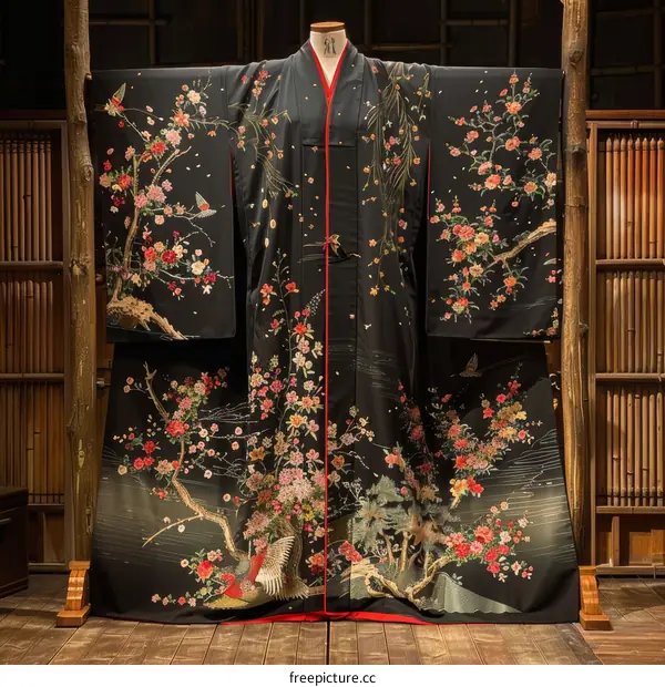 A kimono with a pattern of cherry blossoms and birds