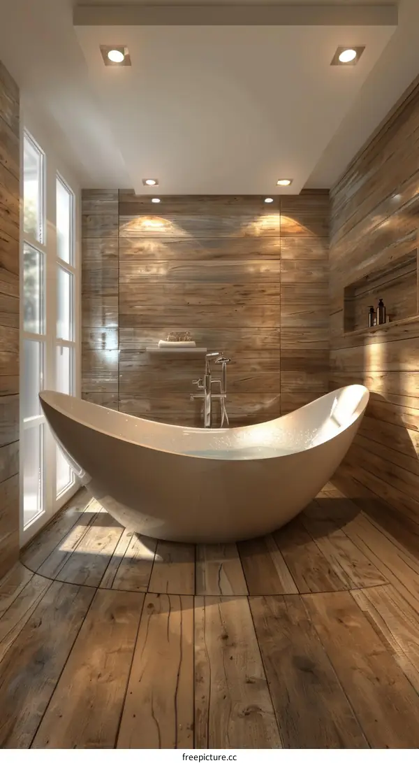 Wooden Bathroom Decor and White Bathtub in Modern Interior