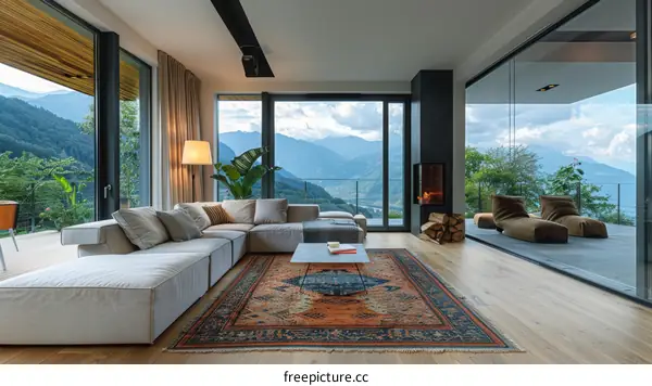 Modern mountain house living room with large windows and a cozy fireplace