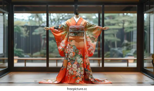 A kimono with a floral pattern displayed in a traditional Japanese room