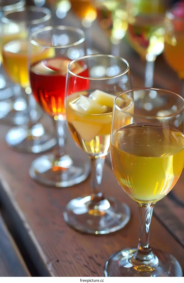 Row of Wine Glasses on Wooden Table