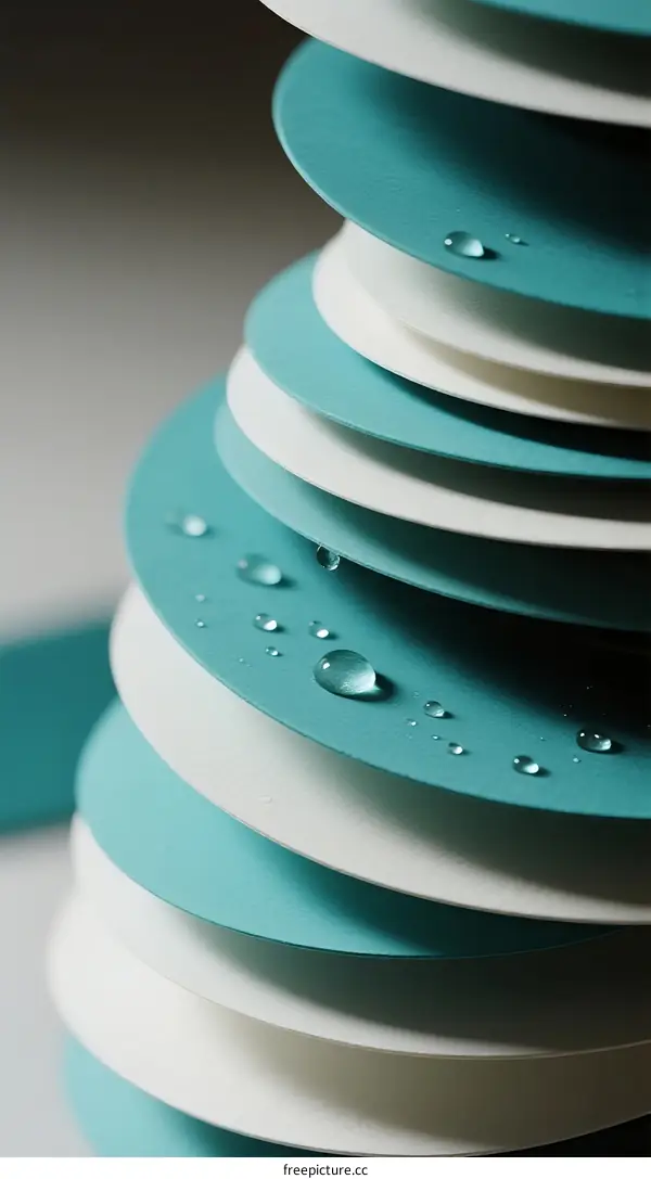 Blue and White Layered Paper Structure with Water Drops