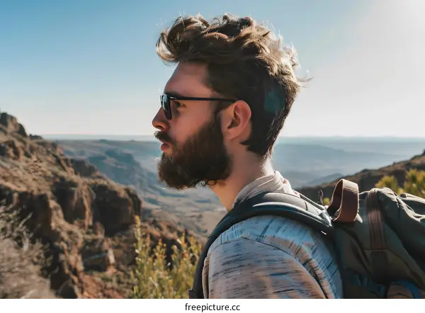 Man with beard looking out at scenic mountains