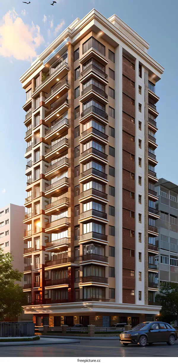 A residential building with brick and glass curtain walls.