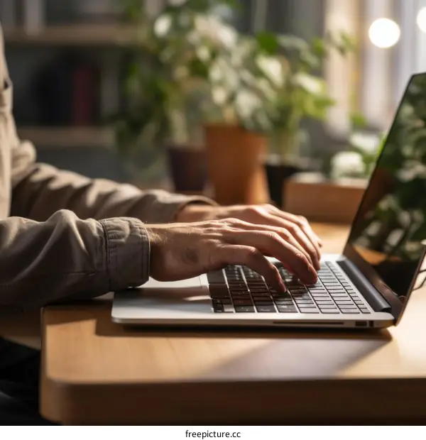 A person is typing on a laptop computer keyboard in an office.